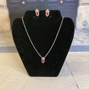 Vintage White and Pink Rhinestone Necklace and Earrings Set